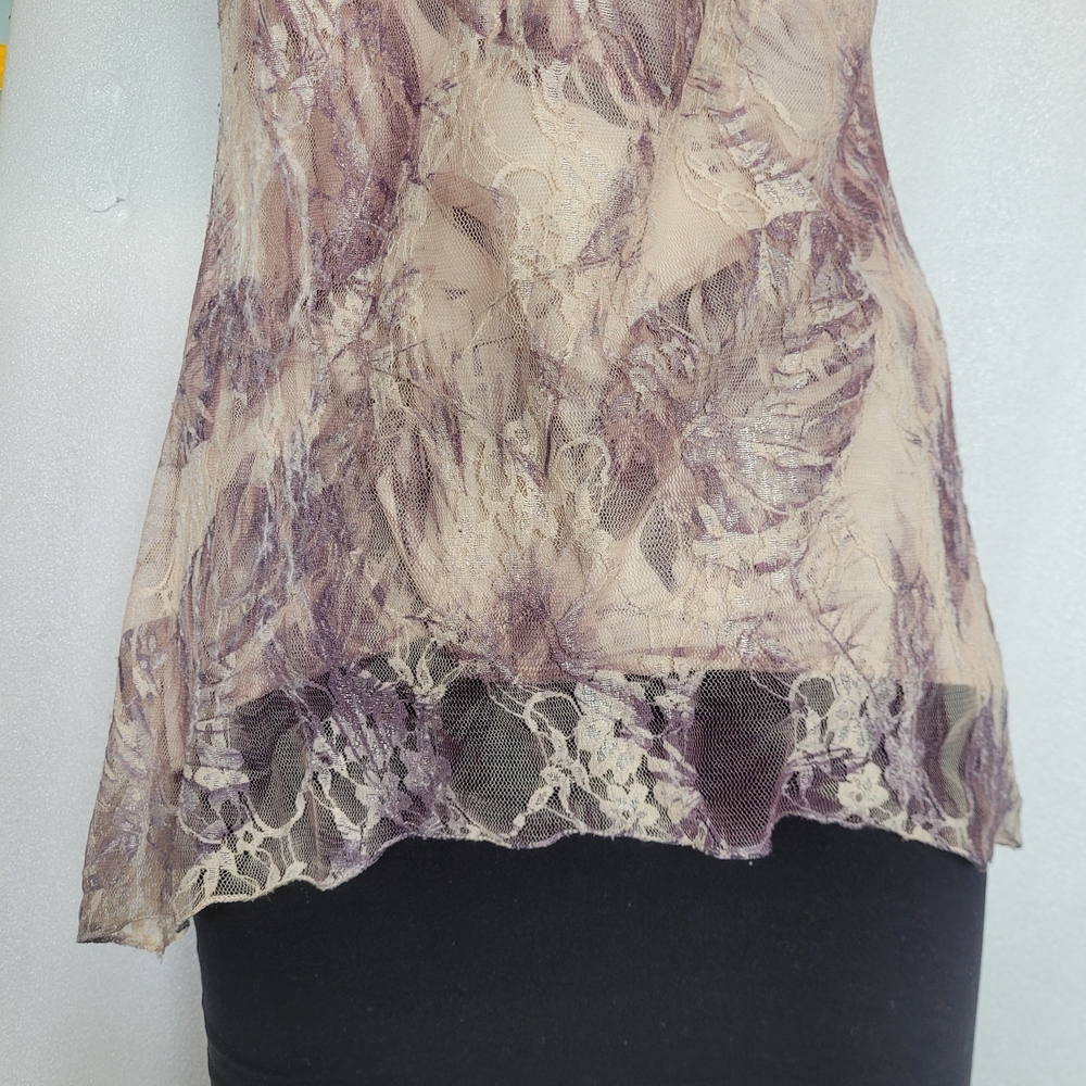 Y2K Fairycore Lace Overlay Botanical Print Blouse Rhinestones Lavender Cream - Picture 8 of 14